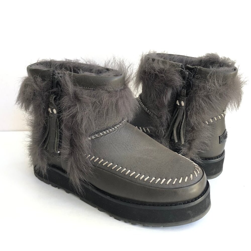 UGG CLASSIC MINI FLUFF PUNK BLACK OLIVE SHEARLING STITCH BOOT